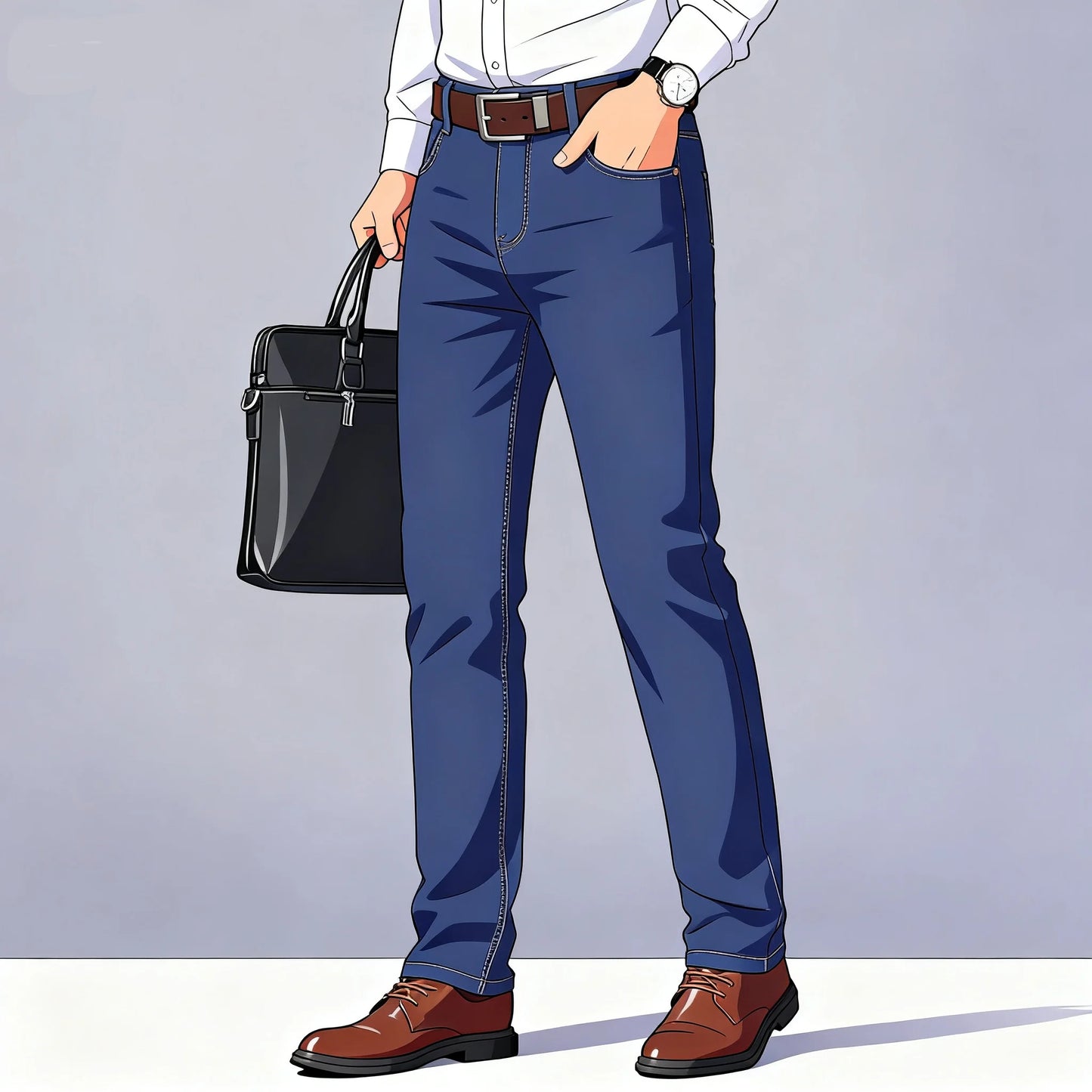 2024 Summer Thin Men's Elastic Cotton Jeans Fashion Gray Comfortable Business Straight Casual Pants High Quality Brand Trousers
