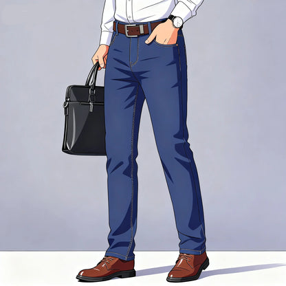 2024 Summer Thin Men's Elastic Cotton Jeans Fashion Gray Comfortable Business Straight Casual Pants High Quality Brand Trousers