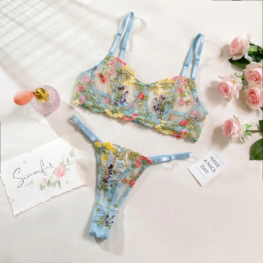 2-Piece Floral Lingerie Set Sheer Embroidery Underwear Intimates Underwire Push-up Versatile Bra Panty Set For Lady Girl
