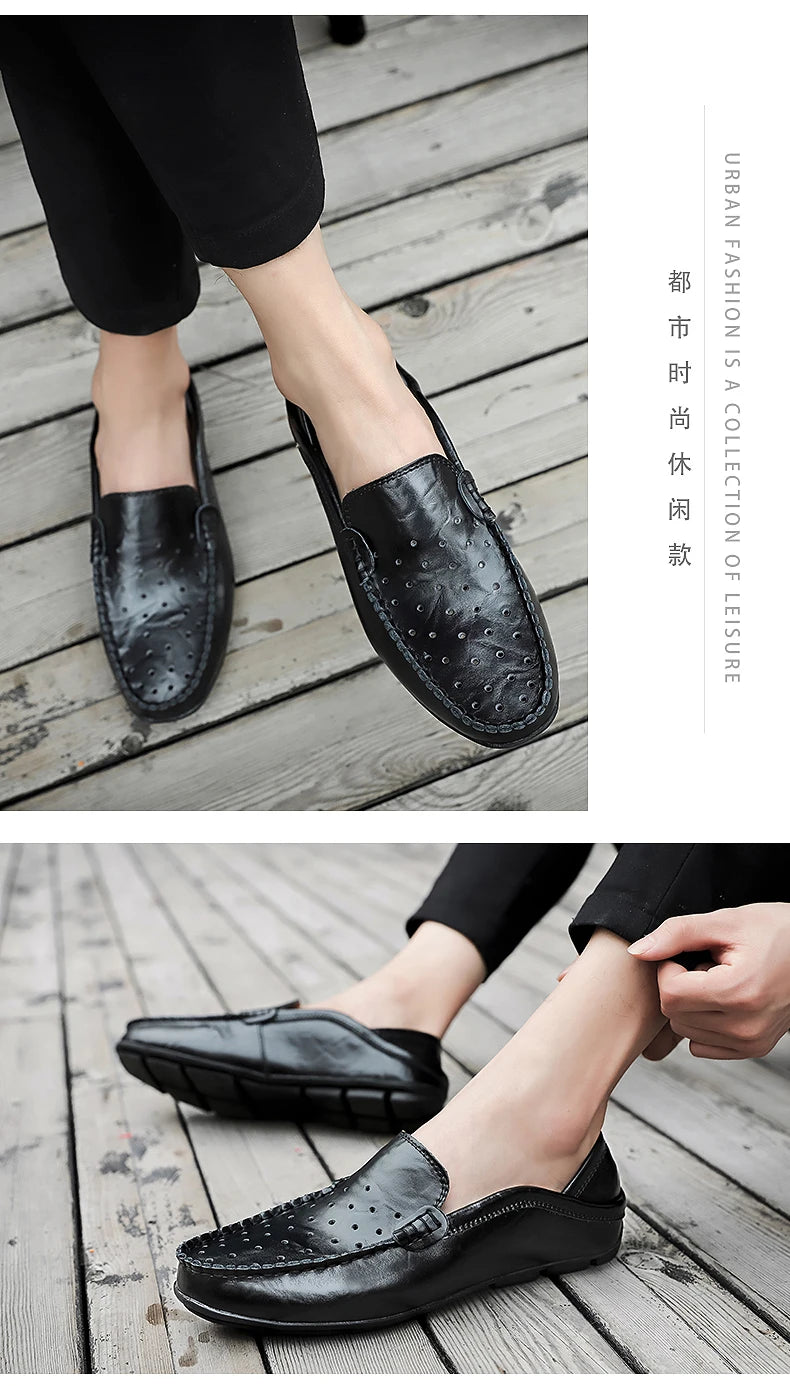 Men's Driving Shoes Large Size Loafers Hollow out Casual Bean Bean Shoes Leather Slip-On Footwear for Men
