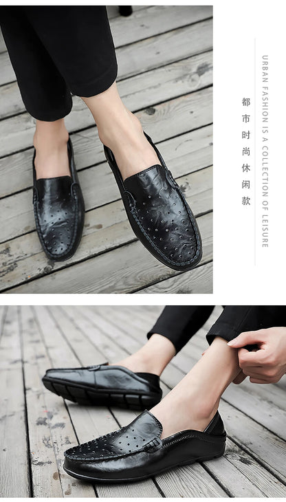 Men's Driving Shoes Large Size Loafers Hollow out Casual Bean Bean Shoes Leather Slip-On Footwear for Men