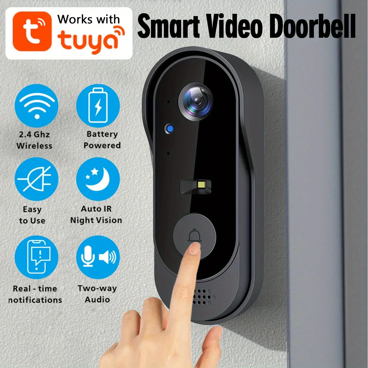 Tuya WiFi inteligentny dzwonek wideo do domu, zewnętrzna dwukierunkowa kamera HD do drzwi, 1080P, obsługa kart SD, przechowywanie w chmurze, wodoodporny