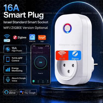 16A Tuya Smart Plug WiFi Zigbee Smart Socket Israel Plug With Energy Monitoring Timer Voice Control Alexa Google Smart Life APP
