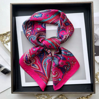 New Luxury Print Imitation Silk Square Scarf Thin Vintage Headkercheif Hijab Foulard Bandana Hair Scarf Headband Women