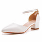 Women White Chunky Heels Wedding Shoes for Bride Closed Pointed Toe Ankle Strap Pumps