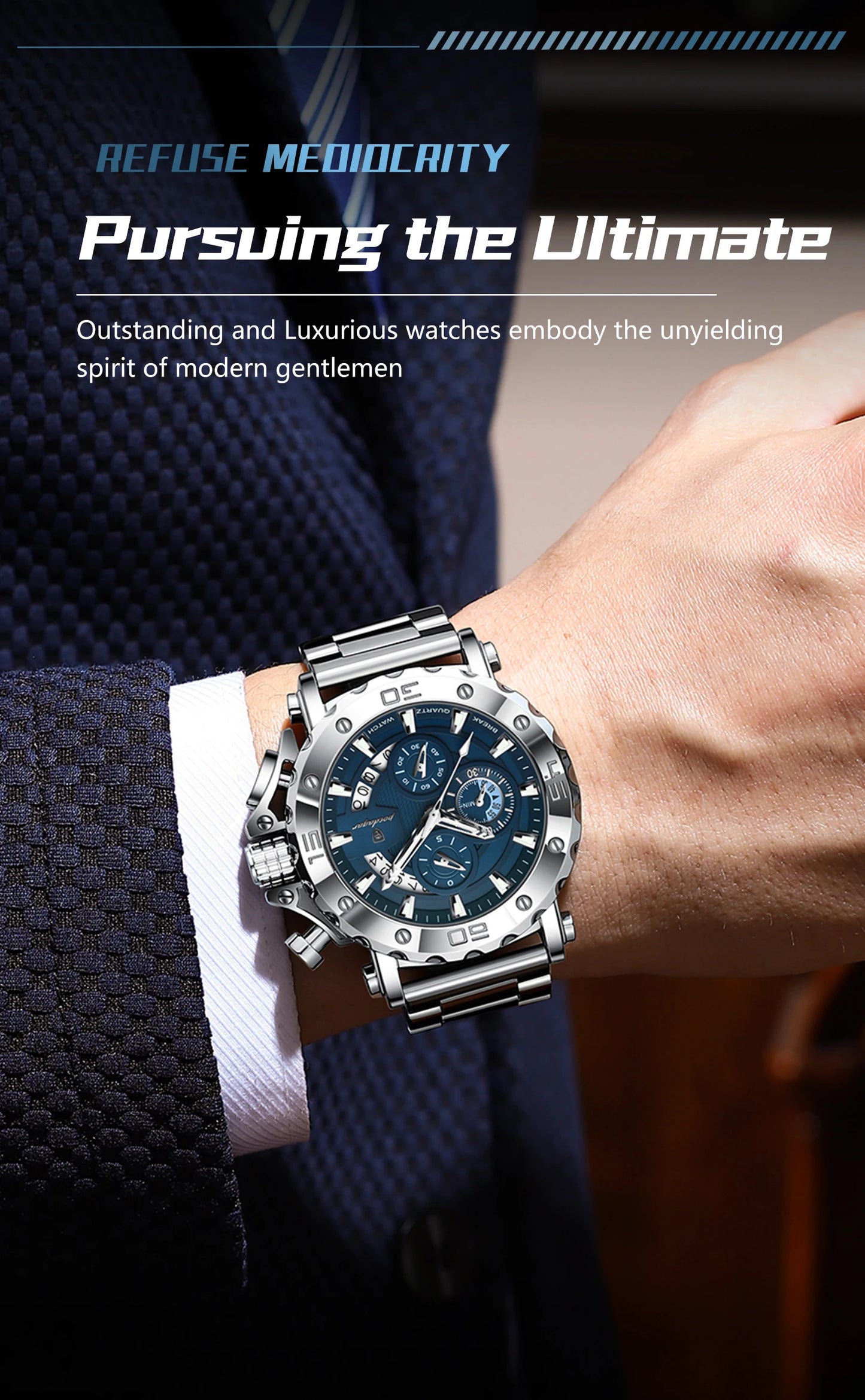 POEDAGAR Top Business Men's Wristwatch Luminous Waterproof Man Clock Chronograph Calendar Stainless Steel Quartz Watches For Men