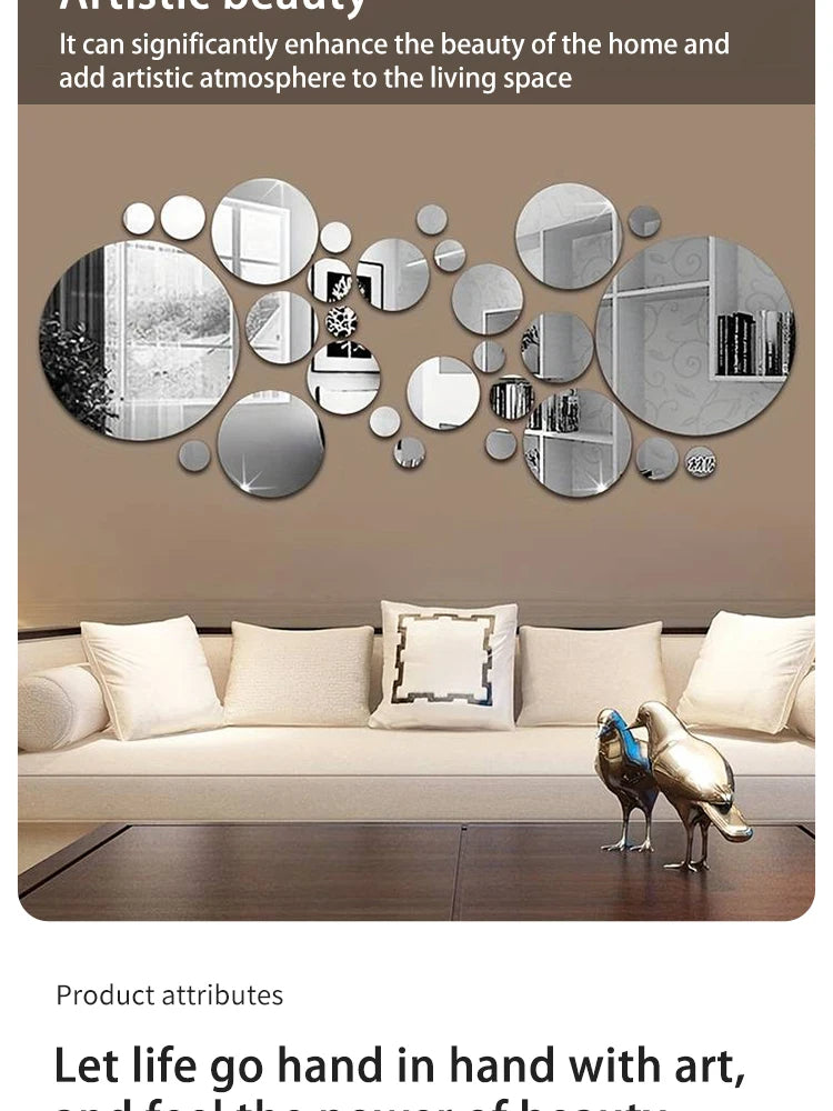 26 PCs 3D Acrylic Mirror Wall Stickers, Round Mirror, DIY Bedroom, Bathroom and TV Backroom Stickers Wall Decoration
