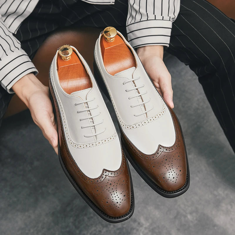Men Wingtip Detail Dress Shoes, Business Two Tone Oxford Shoes For Wedding party