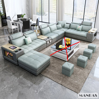 Modern U-Shaped Fabric Couch with Stools, Sectional Sofa Set with Storage Console & Cup Holder, Modular Corner Sofa with Pillows