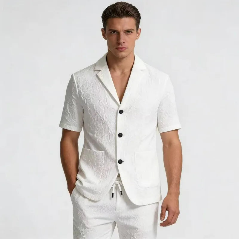 KIDWHXR Summer Man Suit Set Korean Thin Slim Short Sleeve Male 2-piece Outfit Men Single-breasted Blazer Elastic Waist Pant