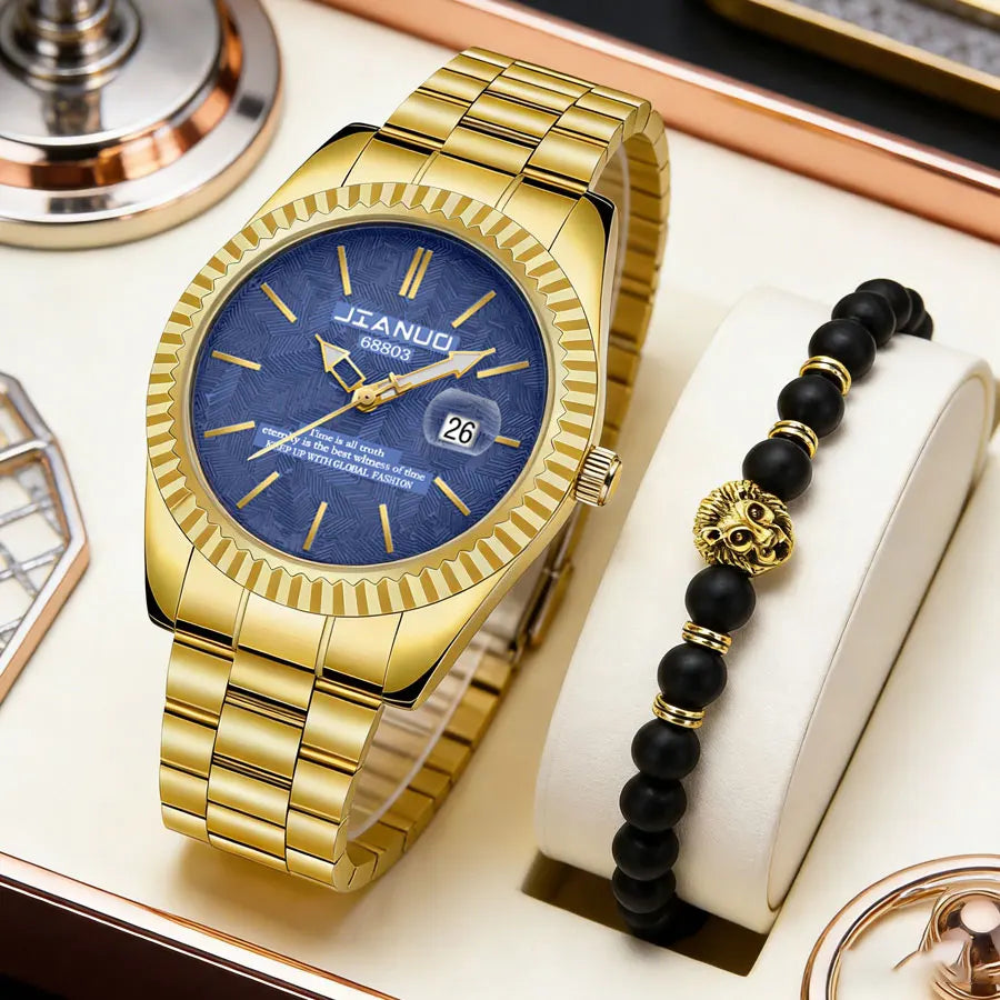 Luxury men's steel band watch calendar embossed atmosphere trend gold business quartz watch 2-piece set lion bracelet watch