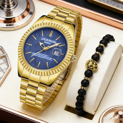Luxury men's steel band watch calendar embossed atmosphere trend gold business quartz watch 2-piece set lion bracelet watch