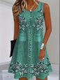 Women's Casual Floral Print Imitation Denim Dress, Blue And White Round Neck Summer Dress, Simple Design Women's Dress