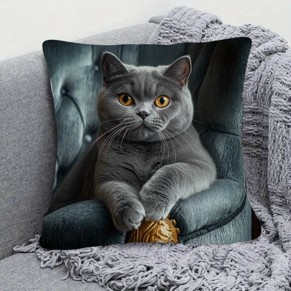 Pillow Case Shorthaired Silvery Grey Cat On Armchair with Phone Throw Pillow Covers Fashion Pillowcase 45x45cm Home Decor