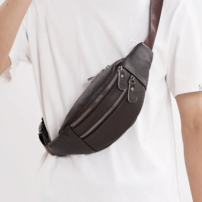 Men's Genuine Leather Chest Bag Double Zipper Cowhide Fanny Pack Casual Crossbody Sling Bag for Daily Commute & Travel