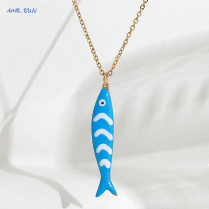 Cute Colorful Enamel Fish Pendant Necklaces For Women Girls Lovely Stainless Steel Gold Color Summer Waterproof Beach Jewelry