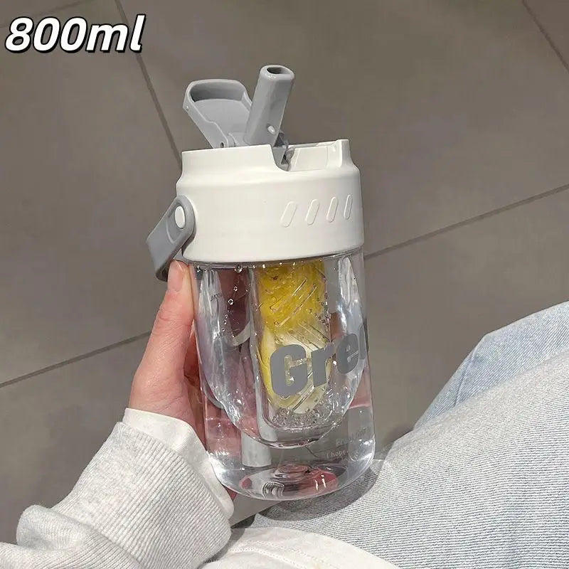600/800ml Large Capacity Sports Water Bottle With Hidden Straw Portable Sealed Leak-Proof Plastic Cup Outdoor Travel Camping