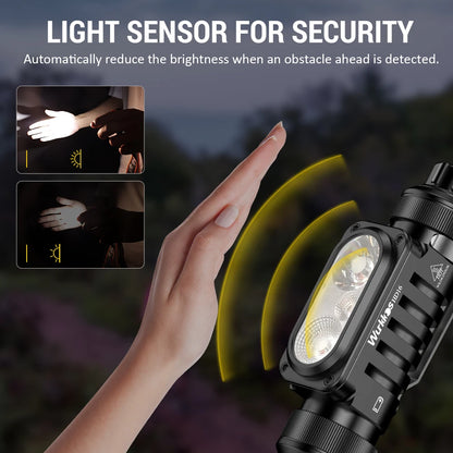 Wurkkos HD16 Headlamp 2500 lm featuring red and white light modes and a sensor powered by an 18650 battery with USB-C charging