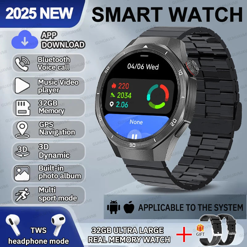 2025 NEW Fashion Men 32GB Big Memory SmartWatch APP Download TWS 3D Menu GPS Navigation Video Play Motion HD Call Watch GUHUAVMI