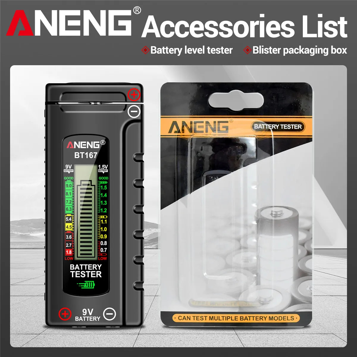ANENG BT167 household battery level tester does not require power supply to measure D/C/AA/AAA/9V/button battery level detector