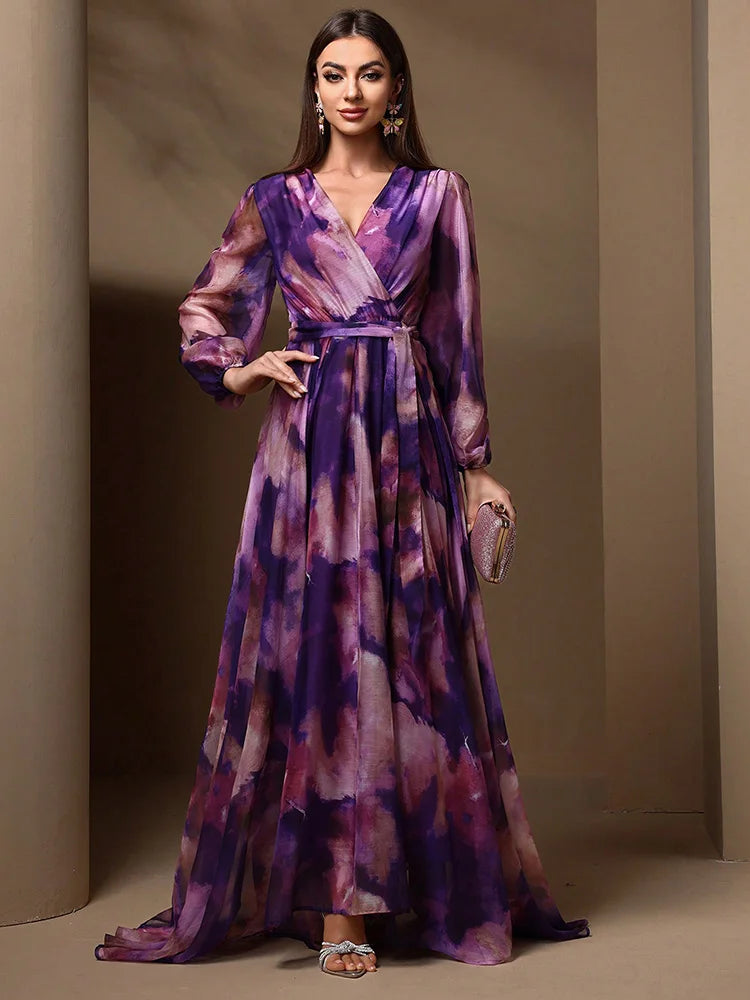 TOLEEN 2024 New Casual Elegant Mesh Party Maxi Dresses Summer Women's V-Neck Cross Wrap Elegant Long Sleeve Random Print Dress