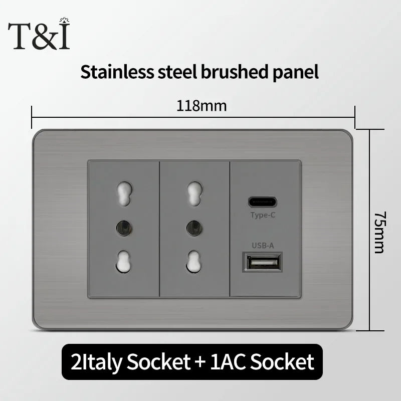 118 US Mexico Grey Stainless Steel Brushed 2way Electrical Light Switch Home Wall Socket Plug Double USB Type-C Power Outlet