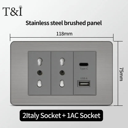 118 US Mexico Grey Stainless Steel Brushed 2way Electrical Light Switch Home Wall Socket Plug Double USB Type-C Power Outlet