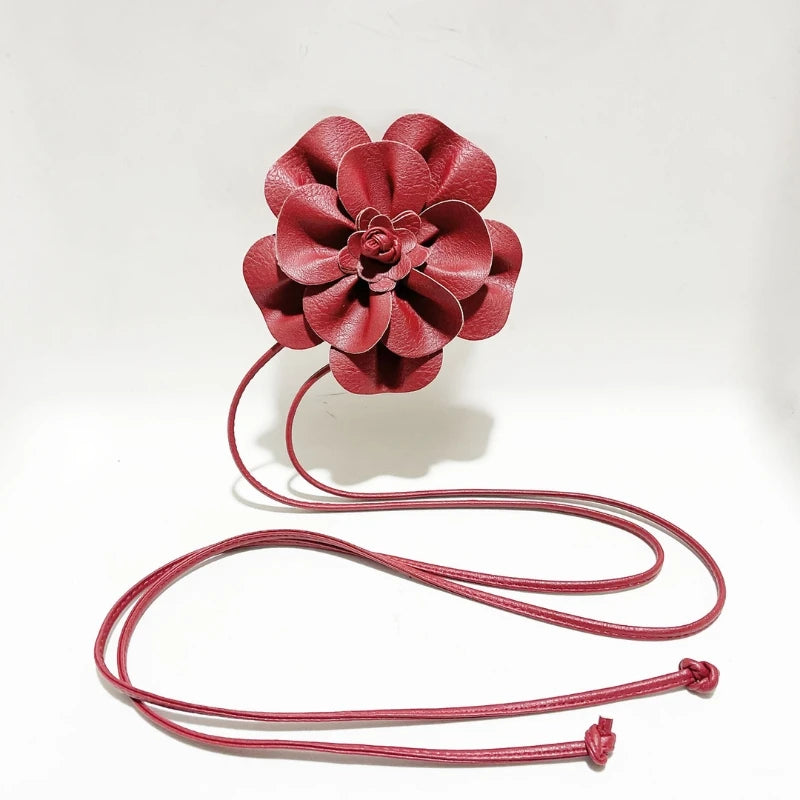 Bohemian PU Leather Waist Belt - Large Flower Tie Wrap Sash with Bow for Dress Decoration