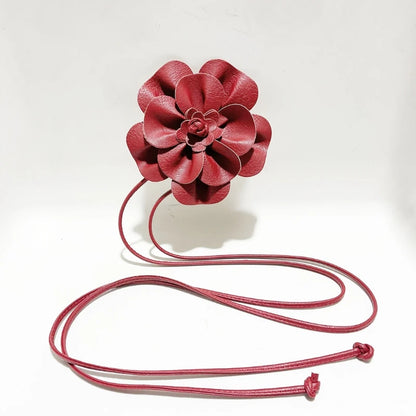 Bohemian PU Leather Waist Belt - Large Flower Tie Wrap Sash with Bow for Dress Decoration