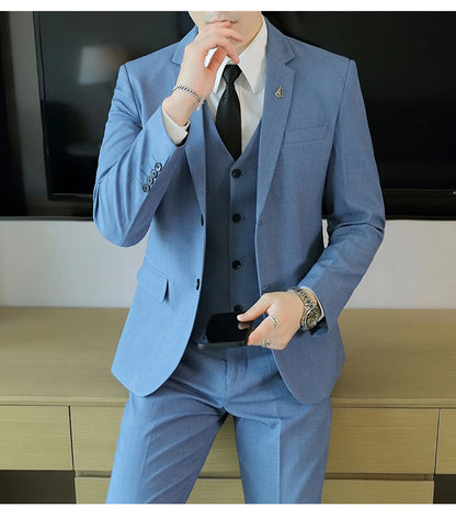 High-End Men's Wedding Suit 3-Piece Set Handsome Banquet Smart Casual Fashionable Three-Quarter Length Vest Trousers Four Season