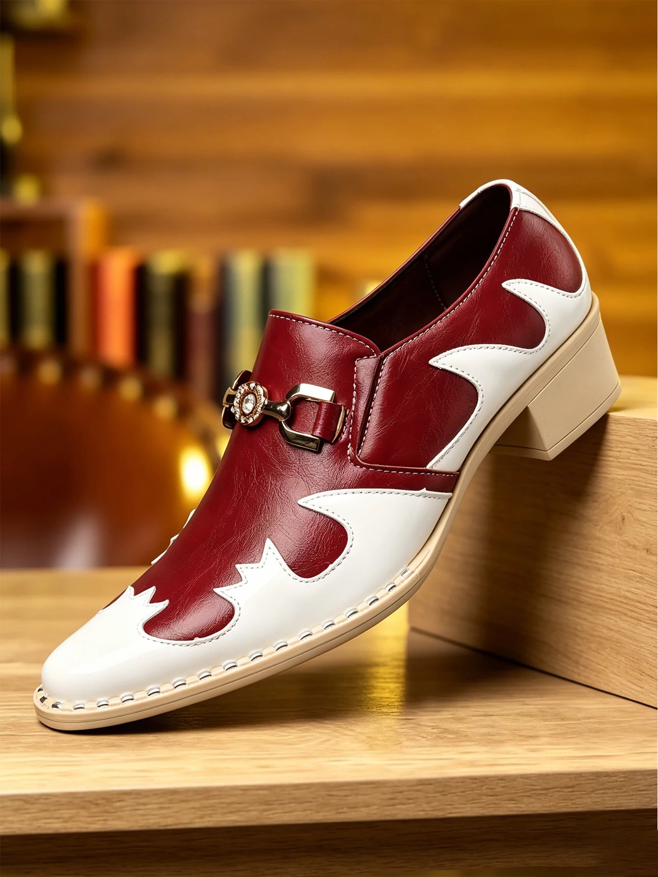 Breathable Comfort Low Heel Men Loafers White Red Patchwork Leather Slip On Business Wedding Casual Dress Shoes