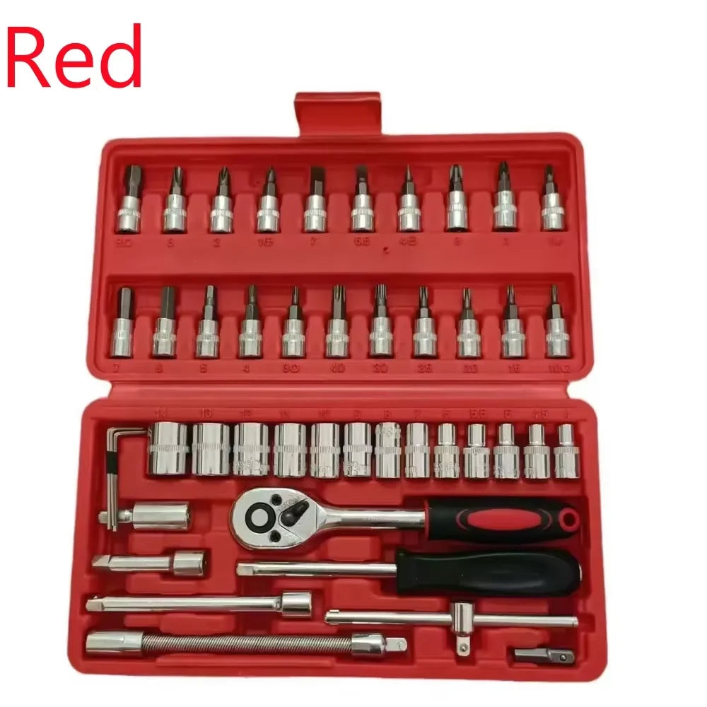 46pcs Family Tools 1/4 Inch Drive Socket Ratchet Wrench Set Complete Car Repair Kit for Motorcycle and Bicycle Maintenance Tools