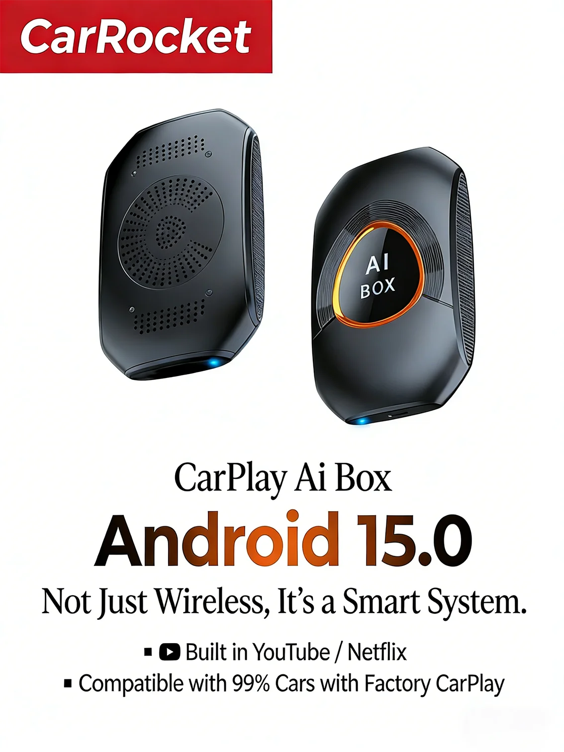 CarRocket Android 15.0 System AI Box Wireless CarPlay & Auto Adapter 4K Video Support Compatible with Factory CarPlay & Android
