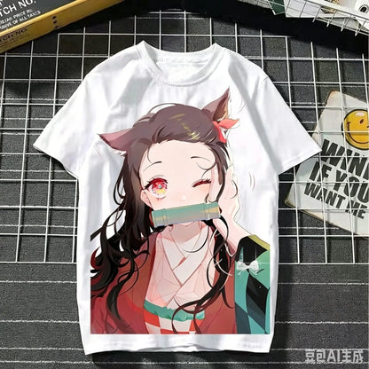 2026 Summer Demon Slayer Nezuko Cherry Blossom Butterfly Print Cotton T-Shirt Adult Kids Casual Loose Breathable Anime Tops Y2k