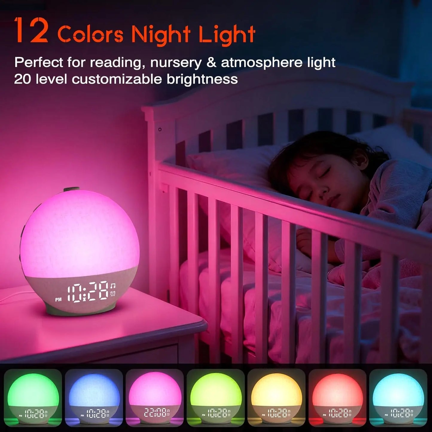 Wake Up Light Sunrise Alarm Clock White Noise Sound Machine Bluetooth Speaker Color Changing Night Lights for Bedroom Ideal Gift