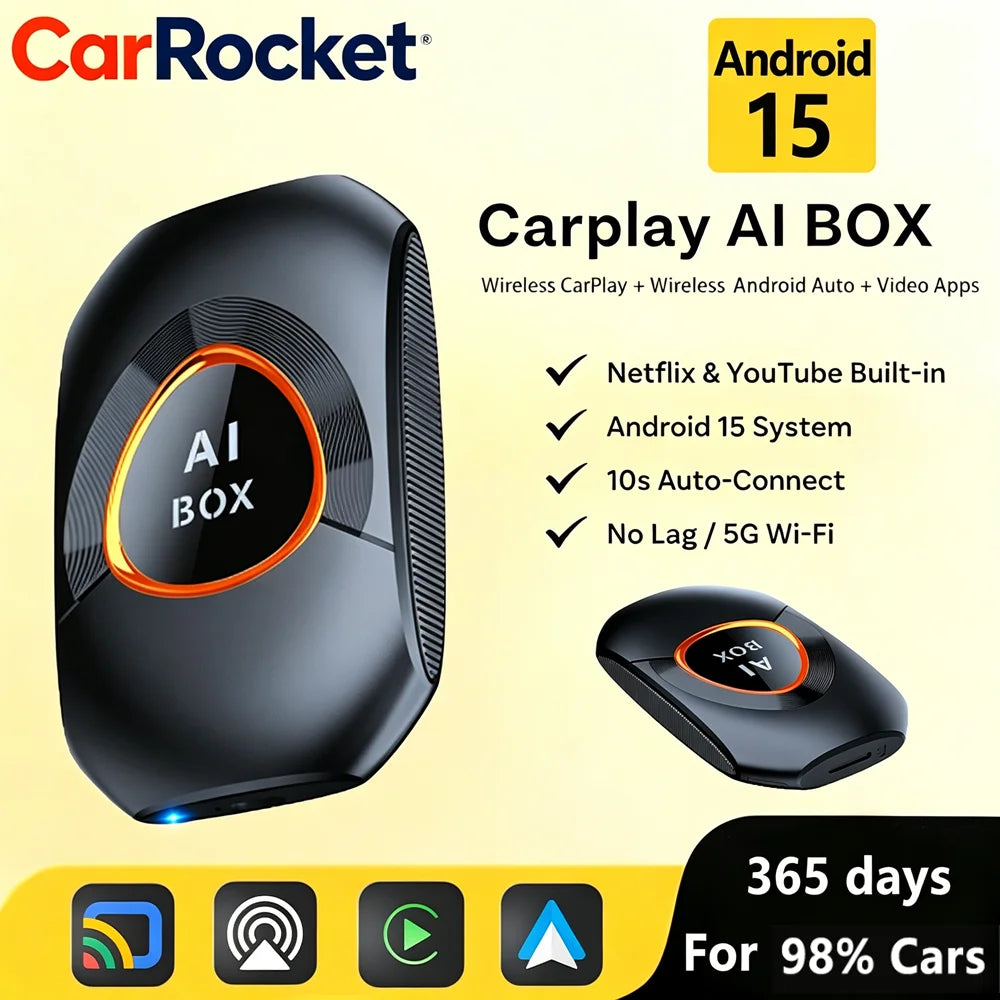 CarRocket Android 15.0 System AI Box Wireless CarPlay & Auto Adapter 4K Video Support Compatible with Factory CarPlay & Android