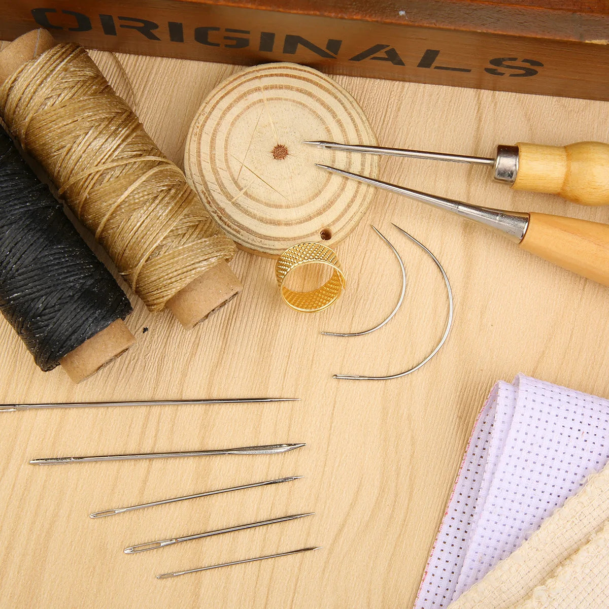 13 Pcs Leather Sewing Set Handbag Shoe Handmade Sewing Repair Kit with Awl Waxed Thread Stitching Needles Thimble for Home Leat