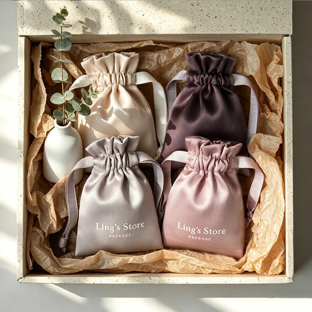 100Pcs Personalized Logo Jewelry Packaging Silk Satin Drawstring Bag Wedding Favors Candy Gift Pouch Ring Bracelet Cosmetic Sack