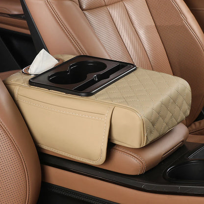 Car Armrest Box Multifunctional Thicken Height Pad Arm Rest Cushion with Pocket Tissue Cup Holder PU Elbow Support Height Pad