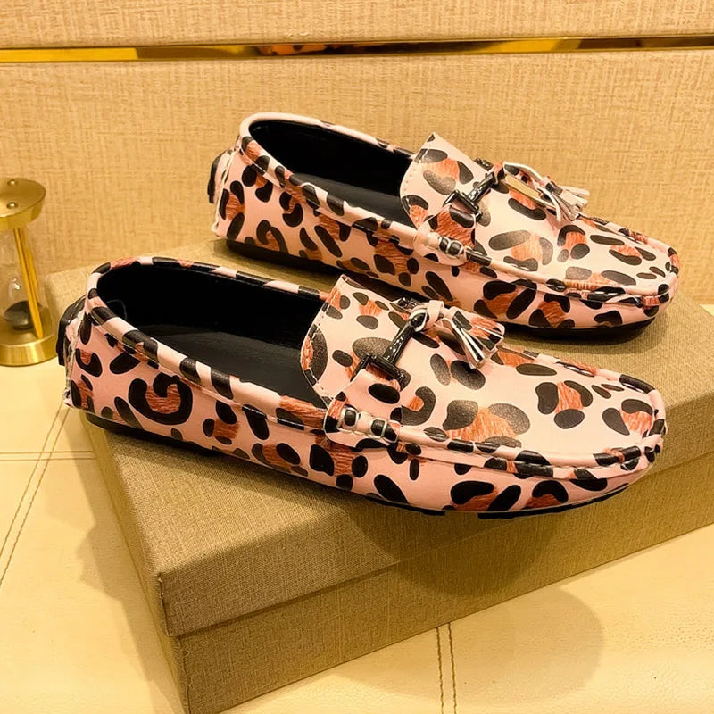 Fashion Red Leopard Leather Casual Shoes Man Designer Tassels Loafers Men Comfortable Slip-on Men's Driving Shoes  Leopard