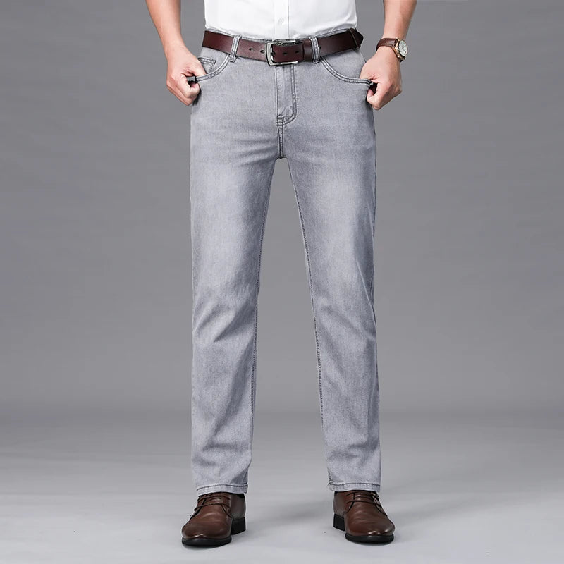 2026 Summer Brand Business Casual Men's Straight Denim Softener Lightweight Jeans Classic Embroidered Cotton Stretch Thin Pants