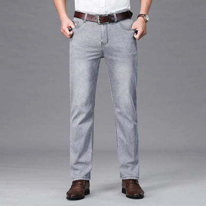 2026 Summer Brand Business Casual Men's Straight Denim Softener Lightweight Jeans Classic Embroidered Cotton Stretch Thin Pants