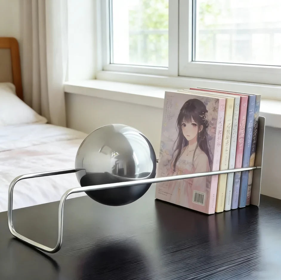 Modern Gravity Ball Book Holder – Bauhaus Mid-Century Desktop Organizer, Chic Magazine & Newspaper Rack, Stylish Office Desk