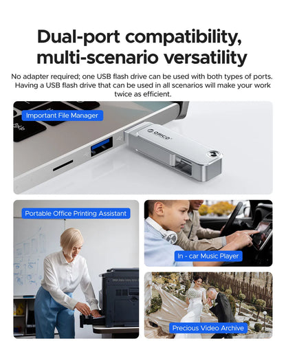 ORICO 128GB USB C Flash Drive Dual USB 3.2 Flash Drive Type C + USB A Portable Type-C Flash Drive 2-in-1 USB-C Thumb Drive