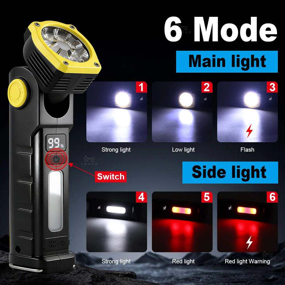 8LED High Power Flashlight LED Work Light Rechargeable Head Folds Magnetic Suction 18650 Battery For Mechanical Workshop Lantern