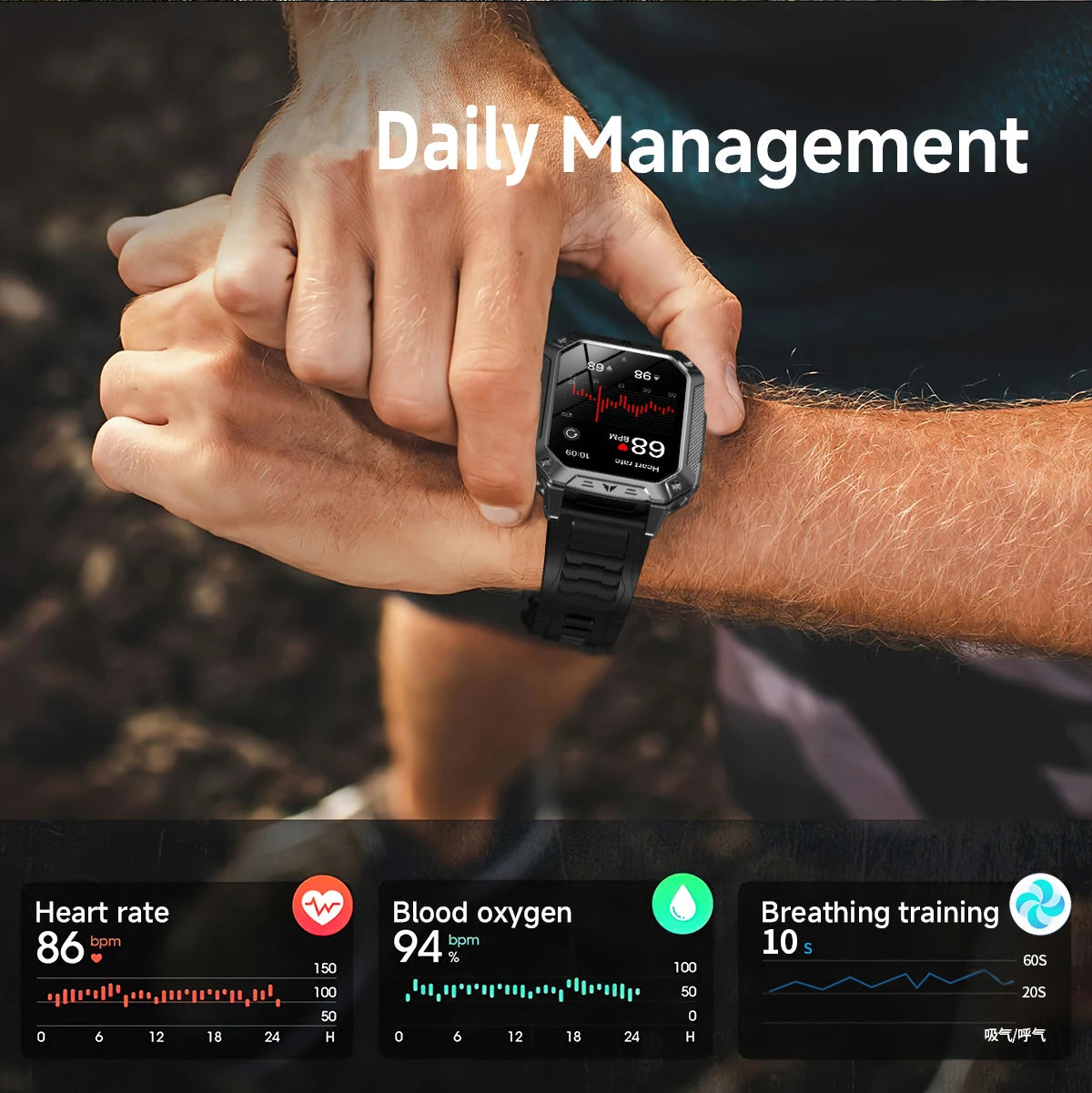LIGE Wojskowy Inteligentny Zegarek 2.01'' Ekran HD Outdoor Sportowy Męski Zegarek SOS Czerwony Alarm Migająca Latarka Monitor Zdrowia Smartwatch