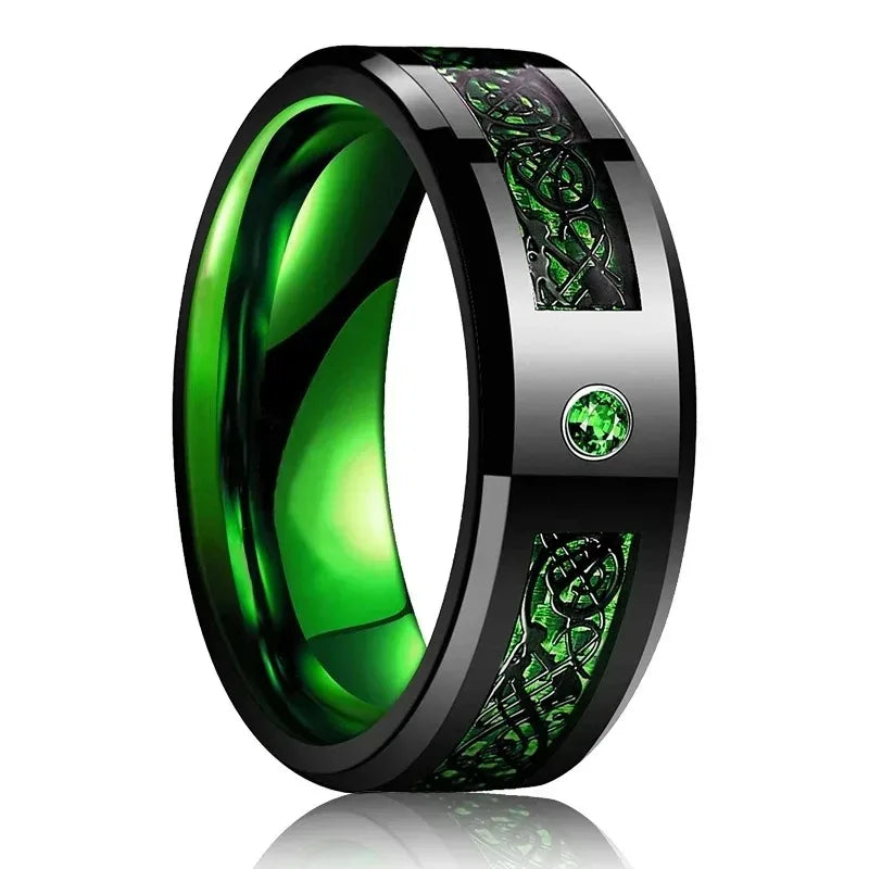 30 Colors Fashion 8MM Men Stainless Steel Celtic Dragon Rings Inlay Carbon Fiber Rings For Men Women Wedding Party Jewelry Gifts