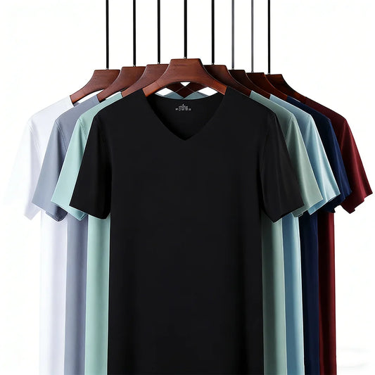 M-5XL Men's Ice Silk T-Shirt V-neck Quick Dry Seamless Short Sleeve Shirt Summer Male Casual Thin Solid Color Tees Undershirt