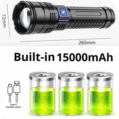 10000LM Most Powerful Led Flashlights Tactical 15000mah Built-in Battery 800W Flash Light Emergency Spotlights 4km Holiday Gifts