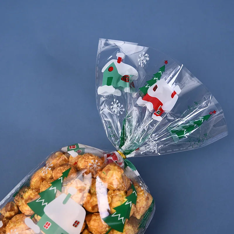50/100pcs Christmas candy drawstring bag opp cellophane cookies nuts plastic bags New Year gift wrapping bags free gift ties